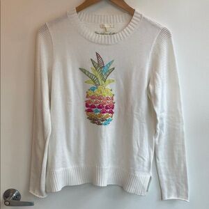 Lisa Todd White Women’s Sweater with Colorful Pineapple Embroidery Sz Small